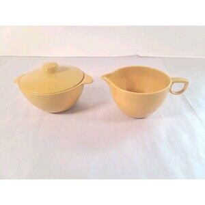 3 Piece Vintage Lustroware Mustard Yellow  Sugar Bowl and Creamer w/ Lid